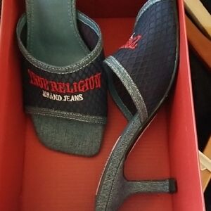 True Religion Navy Denim Slide Mules with Red Logo